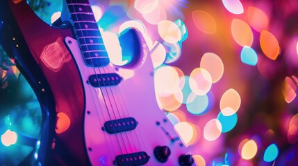 Music holiday composition with close up electronic guitar on blurred concert background with bokeh effect.