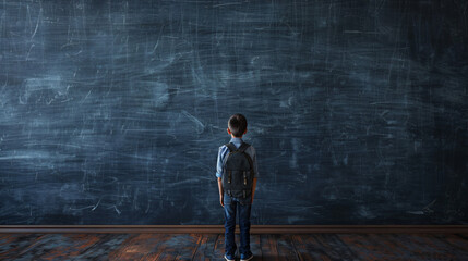 Back to school concept depressed boy in front of blackboard