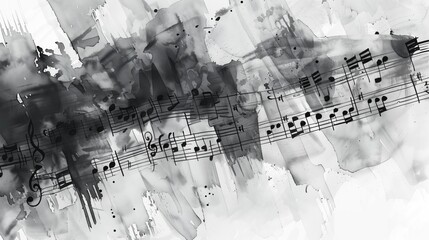sheet music overlaid on an abstract background of black and grey watercolor splashes
