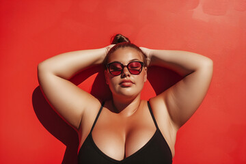 size plus model in bikini on red background, body positive lady (3)