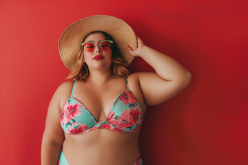 size plus model in bikini on red background, body positive lady (4)