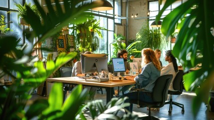 Obraz na płótnie Canvas A modern co-working space bustling with professionals working on laptops surrounded by green indoor plants and natural light. AIG41