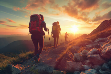 team hiking or trekking, group active outdoor adventure journey (6)