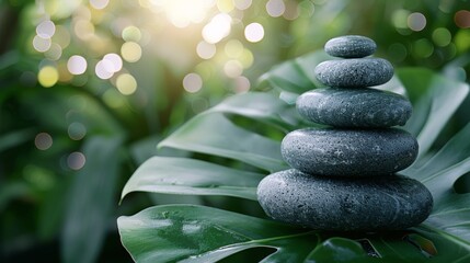 Obraz premium Rocks Piled on Green Leaf