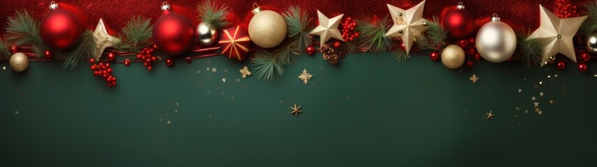 Naklejka premium Embrace the festive season with a Christmas background featuring spruce branches and decorations on a vibrant green backdrop.