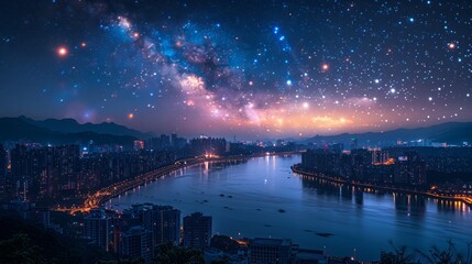 City Night Sky With Stars - obrazy, fototapety, plakaty