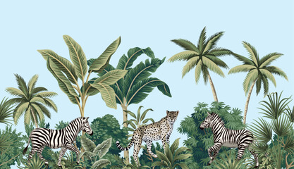 Tropical vintage botanical landscape, zebra, leopard African animal, palm tree, banana tree, plant floral seamless border blue background. Exotic green jungle wallpaper.