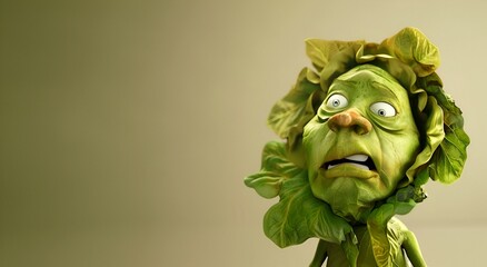Animated character 3D image of lettuce man copy space