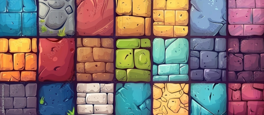 Poster set of vibrant and textured cartoon stone tiles presenting a range of colors and patterns suitable f