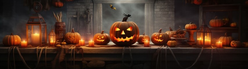 Dark autumn night illuminated by laughing pumpkins and candles - a spooky Halloween scene filled with mysterious charm.