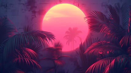Obraz premium Illustration of a tropical background with sunset or dawn in neon light in retro style. Palm trees and the sun