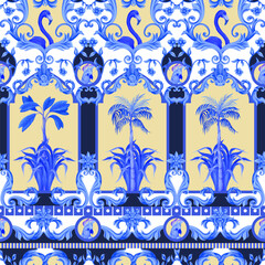Seamess pattern with tropical and baroque elements. Vector.