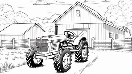 Rural charm: Hand-drawn coloring page featuring a tractor against a wooden barn backdrop, a nostalgic symbol of countryside life.