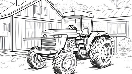 Cropland icon: Coloring page featuring a tractor and wooden barn, a creative representation of essential farming equipment.