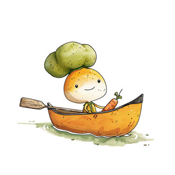 Cartoon of a man sitting in a boat holding a large carrot, isolated on a tranquil transparent background