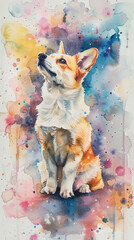 Charming watercolor art of a Corgi sitting with a tilted head, pastel tones, dreamy clouds,