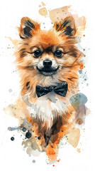 Artistic watercolor depiction of a Pomeranian with a bow tie, light watercolor splashes,