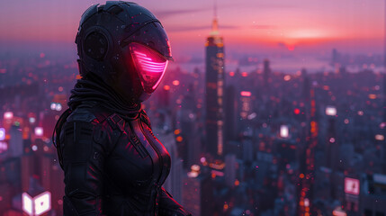 A solitary figure stands against a cityscape at twilight, clad in advanced reflective armor with a glowing visor, exuding a sense of silent vigilance over the urban expanse - obrazy, fototapety, plakaty