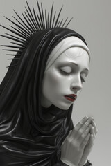 Lady of Sorrows: Marble Bust with Praying Hands in Black Habit and White Veil, Crimson Lips, and Halo of Black Rays