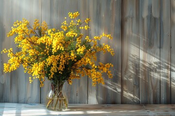 Fototapeta na wymiar Mimosa flowers in vase on wooden table