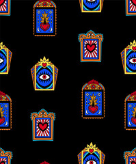 Seamless pattern with Mexican windows, heart and sugat elements. Vector.