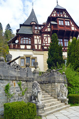 Staircase with lion sculptures in front of Peles Castle  (Sinaia, Romania)
