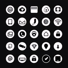 Black and white circular outlined social media and technology icons