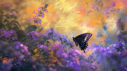 Graceful black butterfly hovers above a cluster of purple flowers against a backdrop of hazy warm colors in a painterly style