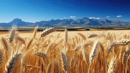 Naklejka premium field of wheat, mountines in background.