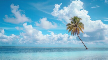 Obraz premium Coconut tree and blue ocean convey the idea of a tropical paradise, with bright and saturated colors, in photography style, and the art movement of impressionism.