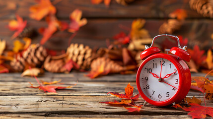 Autumn time change concept red alarm clock on wood