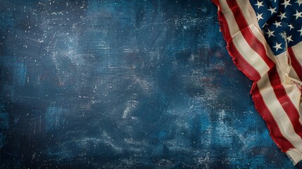 Blue grunge background with an old vintage American flag / Patriotism and Memorial Day concept / Blue and red colors / Grunge and vintage art style / Patriotism and history / American flag - obrazy, fototapety, plakaty