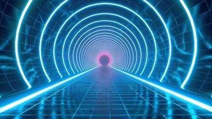 Retro futuristic blue and pink neon glowing tunnel interior