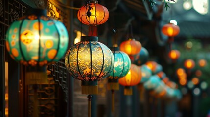 Obraz premium Lanterns architectual, colorful lanterns hanging on street, ornate chinese culture season decorating paper lantern