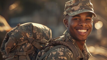 Portrait of a smiling African-American soldier in uniform and backpack, with a happy expression on his face, in warm colors, conveying a sense of pride and accomplishment, in the style of realism. - obrazy, fototapety, plakaty