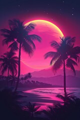 Illustration of a tropical background with sunset or dawn in neon light in retro style. Palm trees and the sun