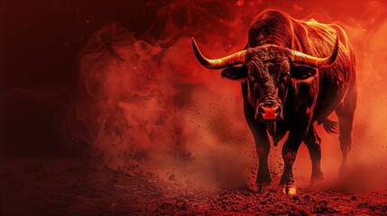 A powerful bull charges forward in a fiery red dust cloud, conveying strength, energy, and untamed nature, in a dynamic and dramatic digital painting. - obrazy, fototapety, plakaty