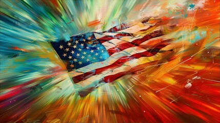 Patriotic expressionism painting of an American flag waving in a colorful abstract background.