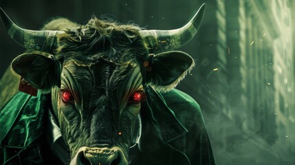 green bull, suit, red eyes, darkness, strength, 