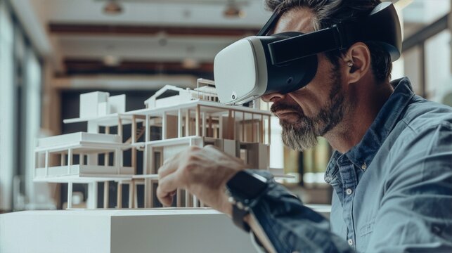 Bearded man wearing virtual reality headset works on architectural model, using his hand to interact with the structure