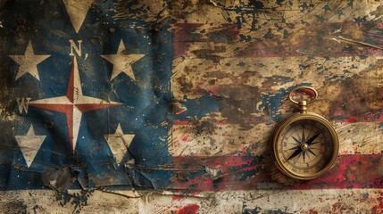 Fototapeta na wymiar weathered american flag and compass convey a sense of history, patriotism, exploration, and discovery