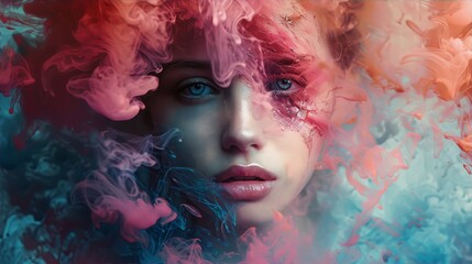 Colorful portrait of a woman's face with blue eyes and pink lips, surrounded by swirling blue and pink smoke.