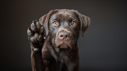 dog raises paw as a request to speak - obrazy, fototapety, plakaty