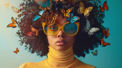 Curly haired woman with yellow sunglasses and butterflies in her hair and around her head on a blue background