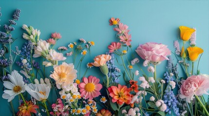 An assortment of colorful flowers including pink roses, orange dahlias, and purple statice against a blue background in a minimalist floral still life photography style.