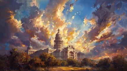 Vibrant clouds over majestic state capitol building, blue sky, white clouds, yellow sunlight, green trees, texas, exterior, digital art, art deco - obrazy, fototapety, plakaty