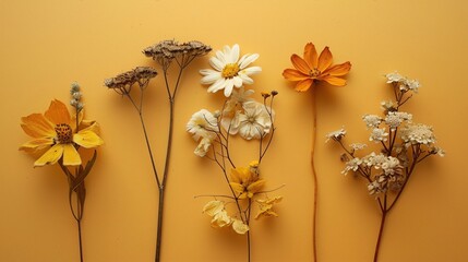 Delicate yellow and white dried flowers on a mustard background, botanical, art photography, still life, interior design, 2023.