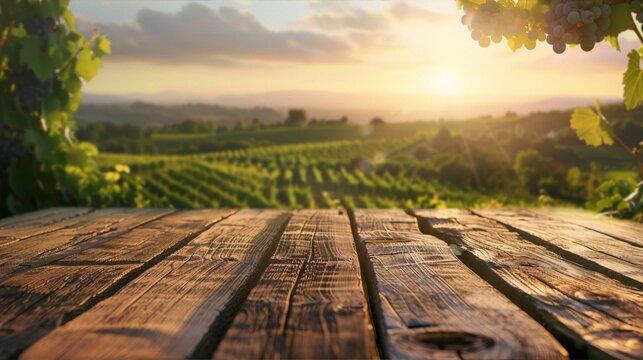 An empty wooden table with a blurred background of a vineyard during sunset in warm colors, in the style of landscape photography.