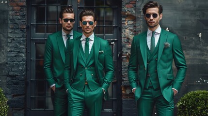 Three men in sharp green suits exuding confidence and style, set against a dark background, fashion photography with a hint of mystery.