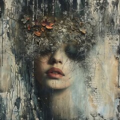 mystical portrait of a young woman with autumn leaves in her hair, with blue and brown colors, in a digital art style, with a surrealism art movement, conveying a sense of mystery and beauty.